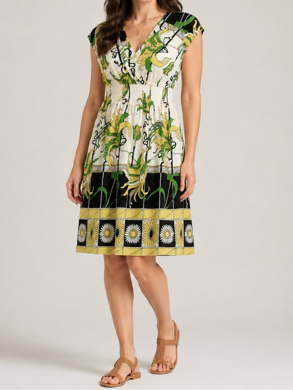 Tropical Floral Print Cotton Silk Bohemian V Neck Midi Dress Size M